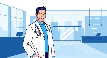 Hospital Professional: Smiling Doctor Stands in Modern Medical Office Illustration