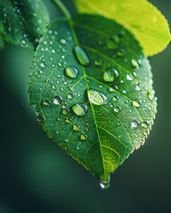 Close up of fresh green leaf with glistening water droplets after rain in soft focus background