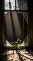 A small green plant growing through a broken window with shattered glass and dust, symbolizing resilience and new beginnings in an abandoned setting