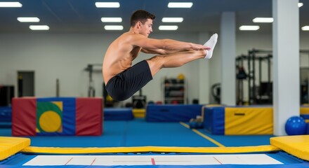 Fototapeta premium Young caucasian male performing jump on trampoline in gym
