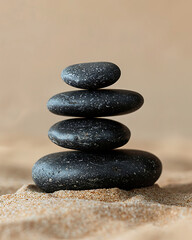 Stack of smooth dark stones balanced on a textured surface representing zen and balance