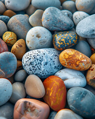 Close up of smooth colorful and textured beach pebbles and stones forming a natural pattern