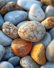 Close up of smooth colorful and textured river stones and pebbles in natural light