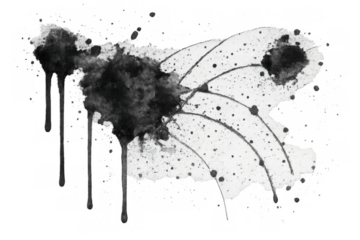 Black ink splatter with dripping liquid and watercolor paint texture creating an abstract grunge background element, transparent