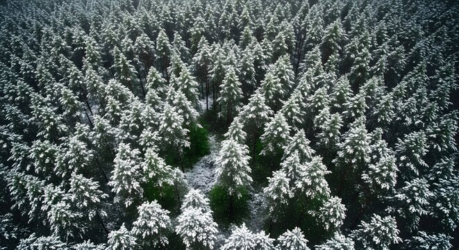 Aerial view of a dense forest covered in snow with some green trees showing through the winter landscape