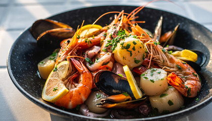 Fresh seafood bowl with shrimp mussels clams herbs and lemon garnish