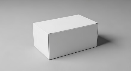 Fototapeta premium A plain white rectangular cardboard box is shown from a side angle on a neutral gray background.