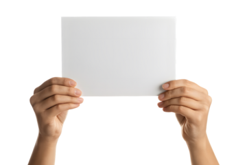 Hands holding a blank white square paper isolated on transparent background