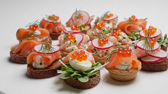 Assortment of Gourmet Canap?s with Salmon, Caviar, and Quail Eggs on White Background.