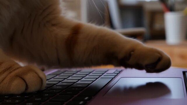 A playful cat's paw interacting with a laptop, the feline is pressing the touchpad with its paws Stock Video
