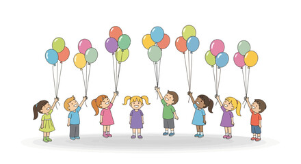 Diverse group of cheerful children holding colorful balloons illustration, suitable for children's books, educational materials, and party invitations design