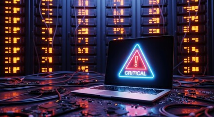 Critical system failure warning displayed on laptop screen in server room with orange light indicators and hardware components scattered around