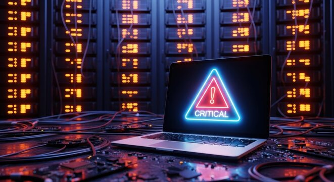 Critical system failure warning displayed on laptop screen in server room with orange light indicators and hardware components scattered around