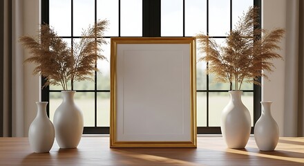 Golden Frame Mockup on Table – Elegant Interior Living Room Close-Up Display.