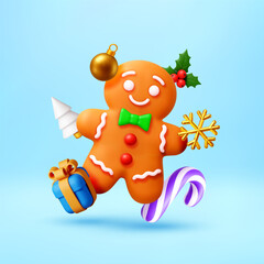 3D gingerbread man with holly, snowflake, gift box, candy cane and golden bauble. Christmas holiday cartoon character. New year and winter season greeting card vector illustration.