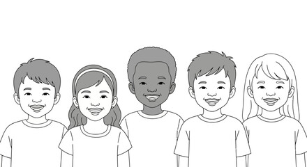 Diverse group of smiling children illustration showcasing unity and friendship, perfect for educational content, children's books, and promoting inclusivity