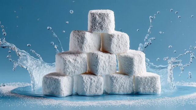 Soft powdered marshmallow cubes stacked in pyramid with splashing water and powdered sugar splash creating playful sweet texture and contrast
