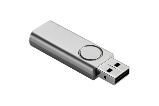 Modern silver usb flash drive isolated on transparent background