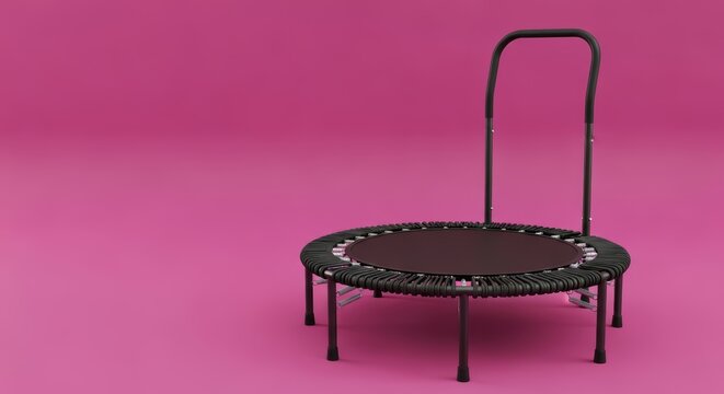 Indoor mini trampoline with handle on pink background