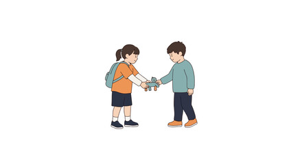 Two children exchanging a toy airplane, fostering friendship and imaginative play, suitable for educational materials, children's book illustrations, or social skills learning resources.