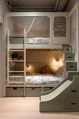 Stylish Childrens Bunk Bed Design with Ladder and Slide in Neutral Tones