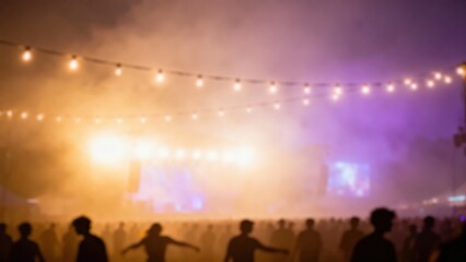 Vibrant festival scene with silhouettes and colorful lights in fog.