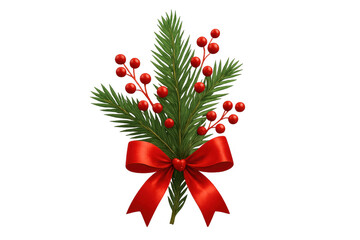 Naklejka premium Christmas pine branch composition with red berries and a festive satin bow creating a holiday season decoration
