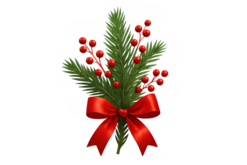 Christmas pine branch composition with red berries and a festive satin bow creating a holiday season decoration