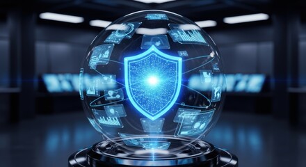 Futuristic digital shield with data and information floating in a secure sphere for network cybersecurity and advanced technology protection