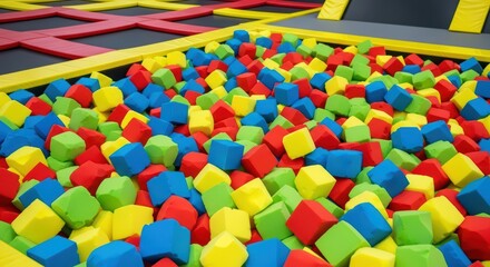 Vibrant indoor trampoline park with multicolored foam cube pit