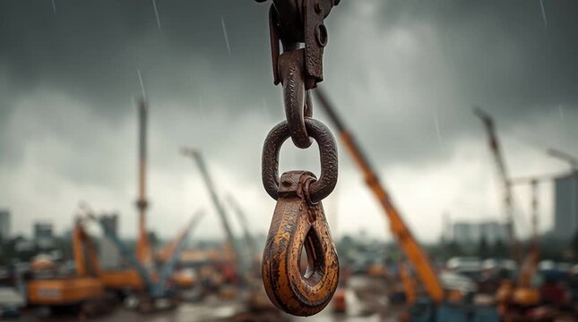A heavy crane hook hangs in focus while various cranes and construction activities take place in the blurred background. The overcast sky adds a dramatic mood to the urban scene