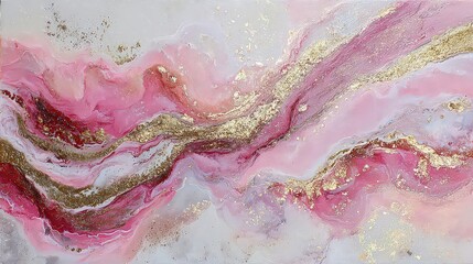 Abstract Fluid Art Featuring Rose Gold and Blush Pink Swirls Intermingling with Glittering Accents