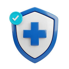 Fototapeta premium 3d icon of blue shield with white cross and checkmark isolated on a transparent background