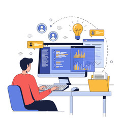 Naklejka premium A person coding and analyzing data on a computer screen with graphs and charts.