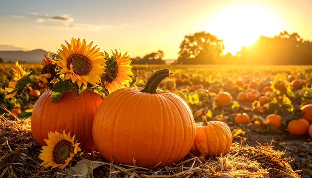 Autumn Harvest - Pumpkins and Sunflowers in a Golden Field.