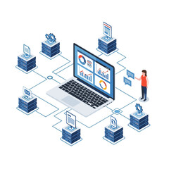 Illustration of a person interacting with a digital network connecting various data servers and analytics dashboards on a laptop screen.