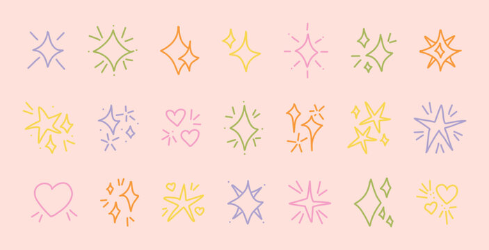 Colorful doodle sparkle icons set on pastel background with stars hearts bursts hand drawn children sketch elements for cute decoration planner sticker digital scrapbooking design print project