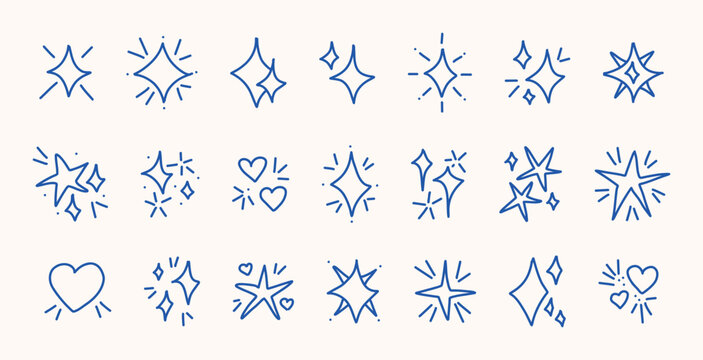 Blue sparkle doodle icon set hand drawn hand drawn stars hearts shiny bursts children sketch symbols on white background for planners scrapbooking cute kids decoration digital fun design element pack