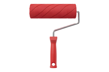 Red textured paint roller for wall decoration isolated on transparent background