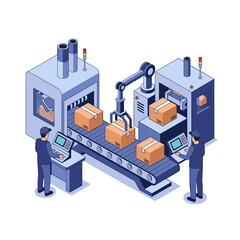 Automated robotic arm system for packing boxes on a conveyor belt in a modern factory.
