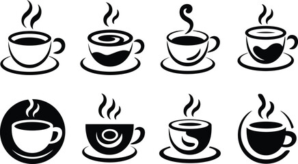 Obraz premium Collection of eight stylized black and white coffee cup icons with steam