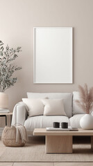 Blank Frame Mockup Over Cozy Living Room Sofa with Neutral Decor
