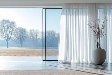 Fototapeta premium Modern interior design featuring large windows and soft curtains with a view of a serene landscape in early morning light