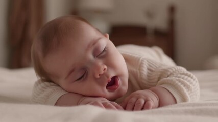 A sleeping baby peacefully resting on a bed, expressing serenity and innocence. The baby's soft features and relaxed posture convey a sense of calm Stock Video