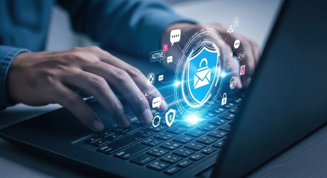 Cybersecurity expert protecting data on laptop with shield icon and security network encryption safeguarding privacy online