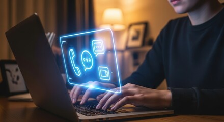 Person types on laptop with communication icons symbolizing virtual connection and global networking