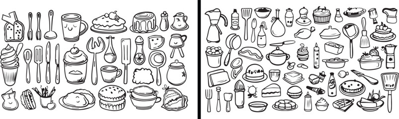 kitchen items doodle, utensils and cookware sketch, cooking tools line art, minimal rajasthan art design, food preparation elements, household vector illustration, clean creative sketch, everyday obje