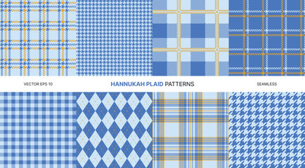 Seamless vector plaid patterns with Hanukkah theme in blue yellow white featuring tartan houndstooth argyle styles perfect for winter holiday Jewish celebration fabric wrapping crafts digital design