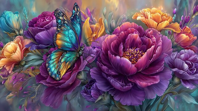 A bright, macro photograph of a black and white butterfly with colorful accents on its wings, sitting on a vibrant purple flower. - Powered by Adobe