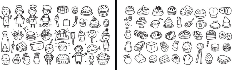 food doodles illustration, drink sketch art, kitchen elements drawing, cooking concept design, minimal black and white food art, restaurant theme doodle, diet concept vector, culinary artwork, healthy